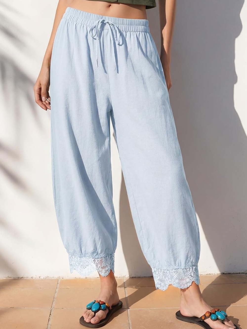 NWT Amazon Exlura Cotton Lace Trim Wide Leg Cropped Pants in Light Blue $34.99
